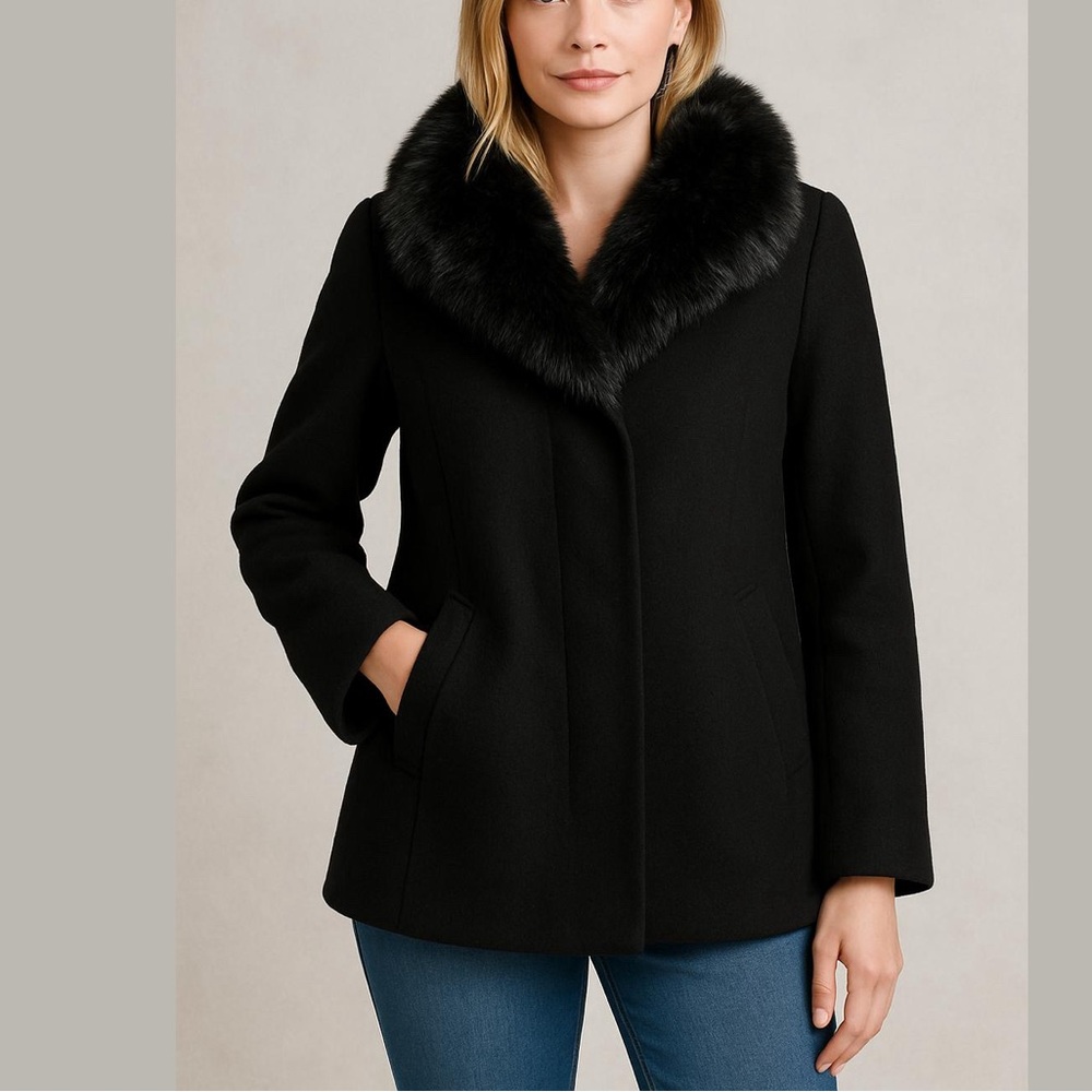 Reitmans Black Wool Pea Mid Length Coat with Faux Fur Collar Sz 12 - Picture 14 of 14